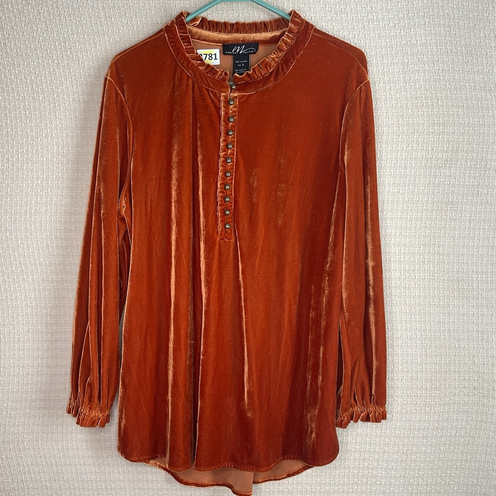 Midnight Velvet Women's Large Burnout Orange Velvet Ruffle Neck Long Sleeve Top